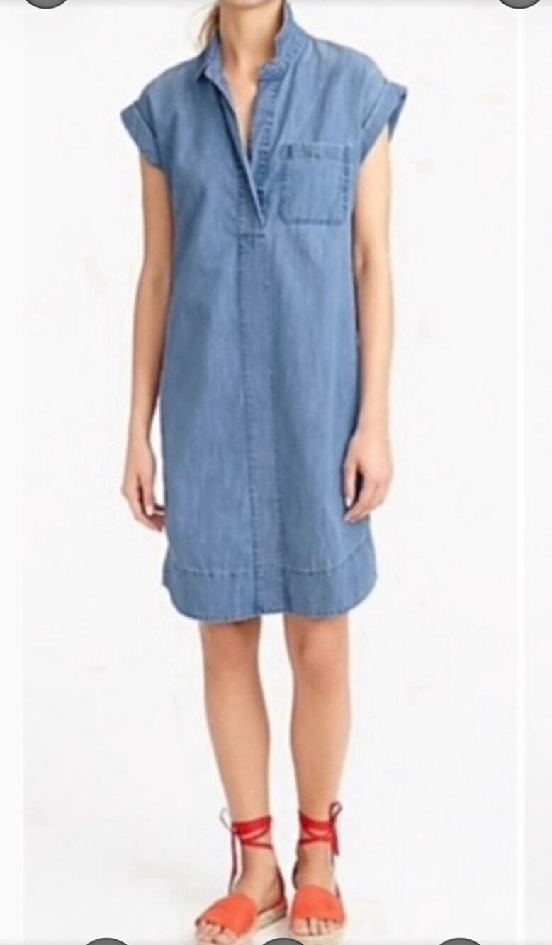J.CREW Women’s Blue Solid Chambray Cotton Shirt Dress Collared Button Size M